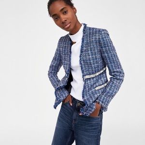 Zara Basic Tweed Blue Blazer with Pearl Detail and Frayed Trims